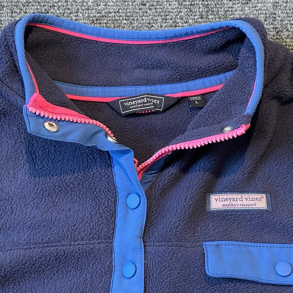 Vineyard Vines Quarter Zip Womens Large Navy Blue Pink Fleece Pullover - Picture 2 of 6
